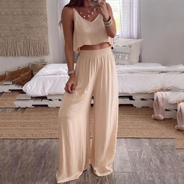 

women's two piece pants trouser suits solid color suspender and wide leg cotton linen suit setup ladies oversize costume, White