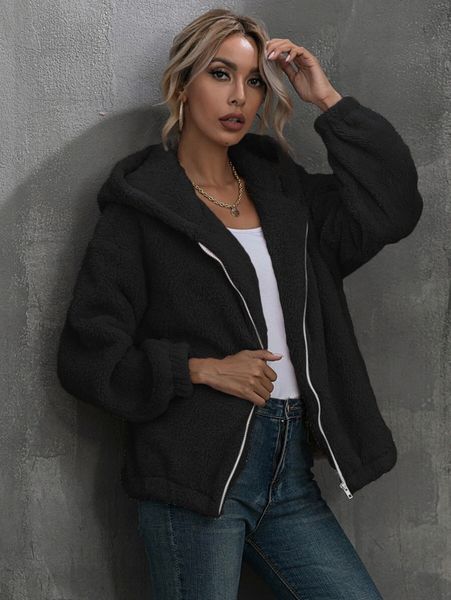

solid zip up hooded teddy jacket f9ww#, Black;brown