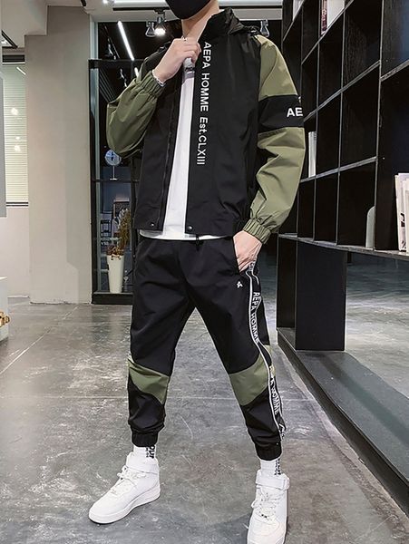 

men color block letter graphic hooded jacket & contrast tape joggers e96u#, Gray