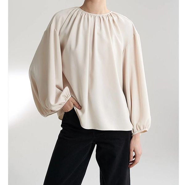 

round neck pleated lanterns large sleeves drop shoulder shirt women, White