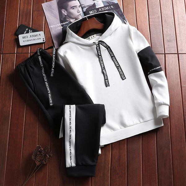 

personalized letter printing autumn clothing fashion hooded men's casual sweater set, Black