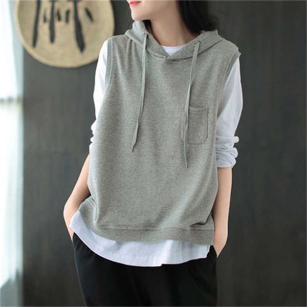 

cotton hooded vest women's spring autumn loose casual pocket 5200, White