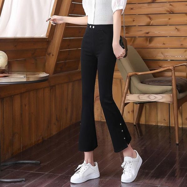 

women's pants & capris zhoutaylor woman pockets button fashion office lady flare trousers female elastic waist solid ankle-length botto, Black;white