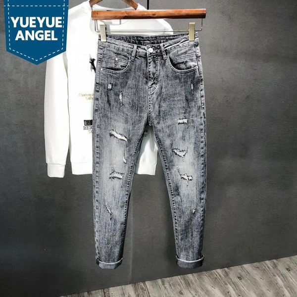 

mens slim fit denim pencil pants caual hole ripped jeans fashion spring ankle length jean trousers streetwear cowboy pants 38, Blue