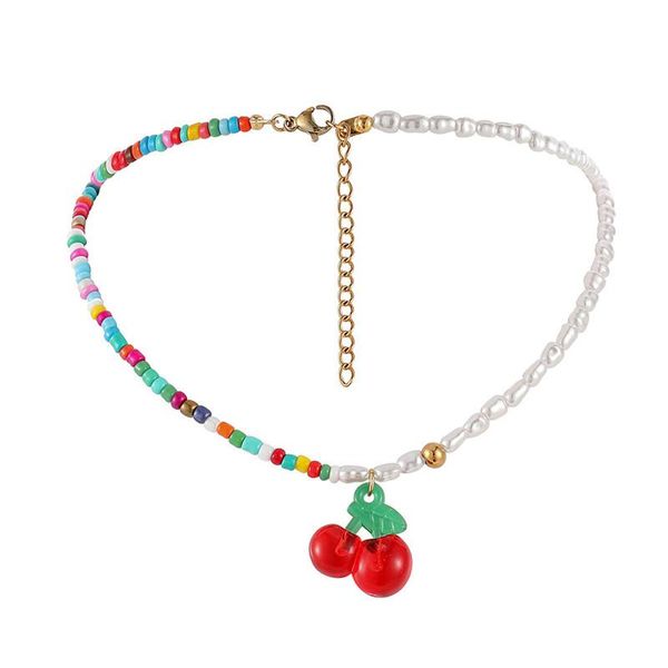 

pendant necklaces fashion colorful bead chain fruit cherry necklace for women pearl beaded adjustable jewelry gifts, Silver