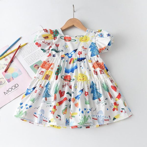

girl's dresses girls cartoon print fashion summer kids princess dress short puff sleeve outfits sweet children casual vestidos, Red;yellow