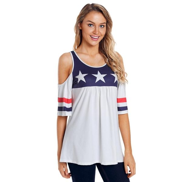 

women's t-shirt women casual flag print summer tees off shoulder slings sleeve t shirt, White