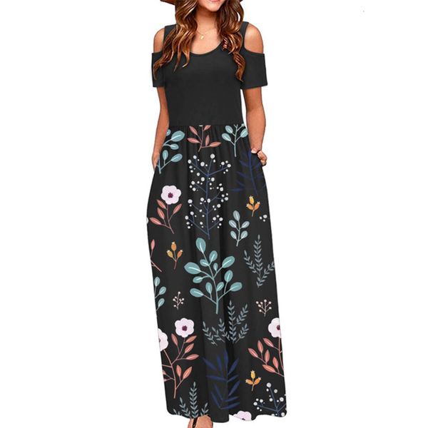 

summer women's printed short sleeve off shoulder beach high waist pocket skirt, Black;gray