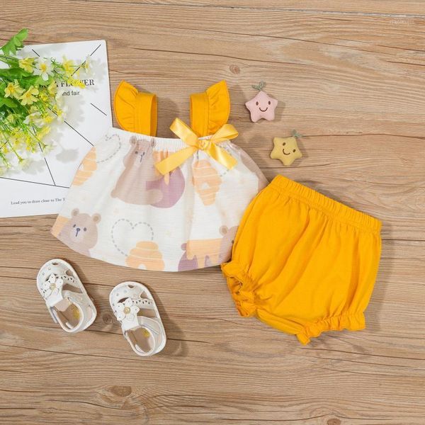 

born infant baby girls bow bear t shirt solid ruffle shorts outfits set children's clothing jongens kleding e1, White