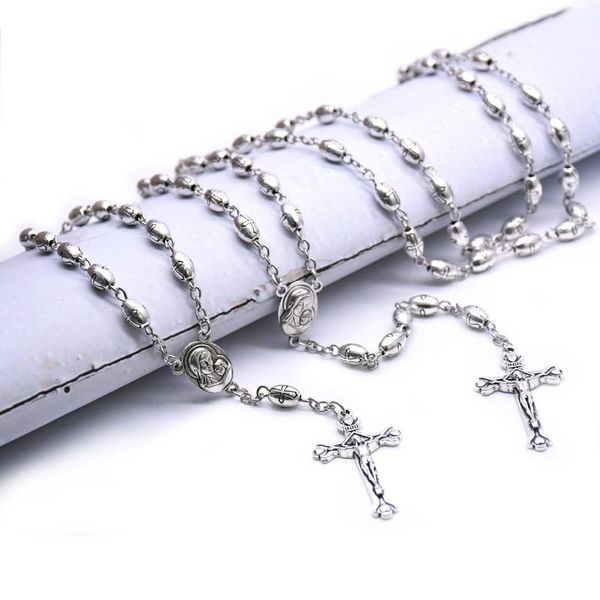 

pendant necklaces fashion retro alloy rice cross beads rosary necklace crucifix prayer christian church supplies, Silver