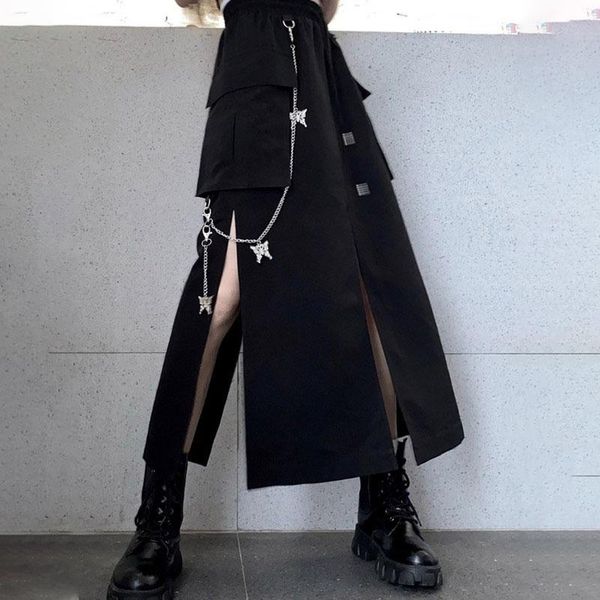 

skirts gothic style black split women's midi skirt high waist a-line casual long female 2021 spring streetwear lady clothes