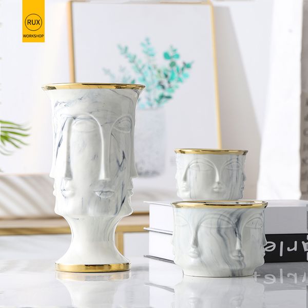 RUX WORKSHOP Nordic Face Shape Designs Beste Marmor Keramik Vase Blumentopf Gold Home Dekoration Zubehör Werkzeuge 210310