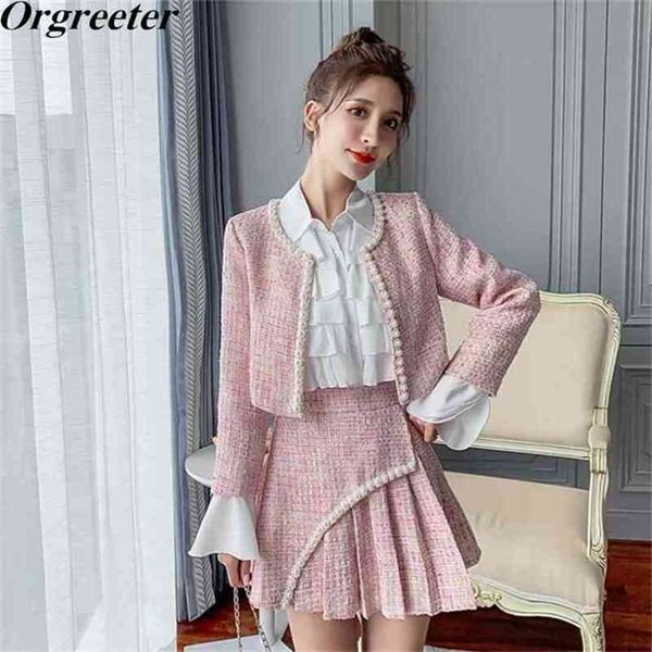 

autumn tweed two-piece set women short beaded jacket + pleated a-line skirt plaid elegant temperament chic 210602, White