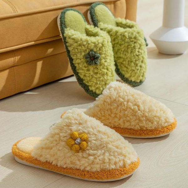 

slippers flower winter for lovers artificial wool solid color cute sweet style couple home indoor warm 36-44 princess, Black