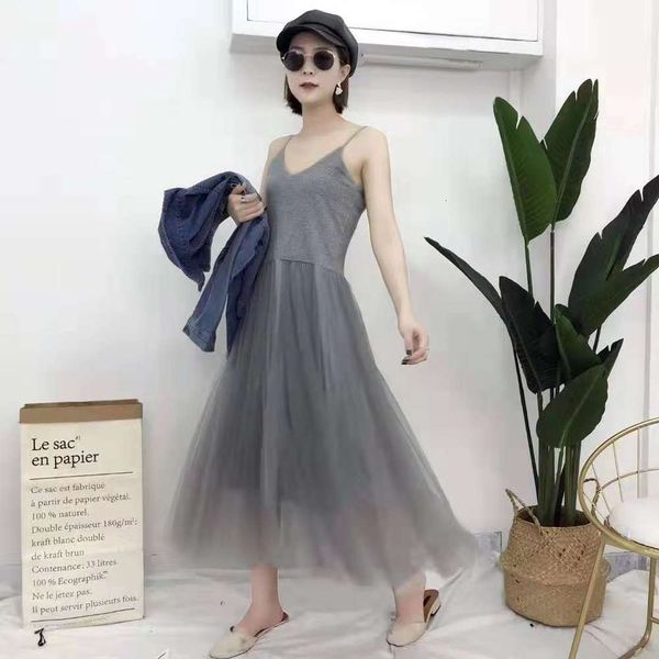

autumn v-neck suspender dress long skirt elegant mesh versatile, Black;gray