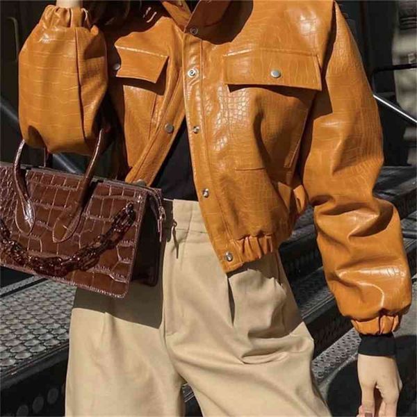 

british wind blogger trend stand collar jacket coat women's 2021 autumn and winter loose cotton lined warm pu leather clothes, Black