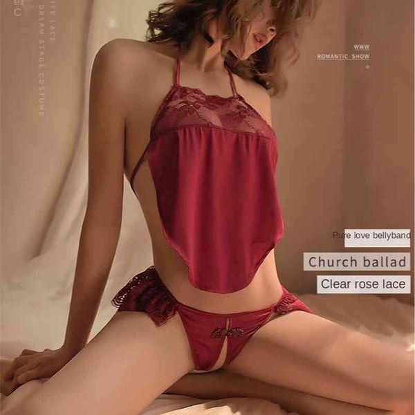 Sexy Retro Relógio Barriga Saco Sexy Lingerie Tanga Chinesa Estilo Vermelho Lingerie Set Mulheres Pijama Underwear Suit Sleep Tops Uniforme Terno 210831