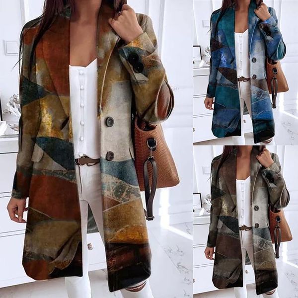 

women's trench coats fashion casual autumn and winter vintage print long woolen windbreaker coat warm female shirts, Tan;black