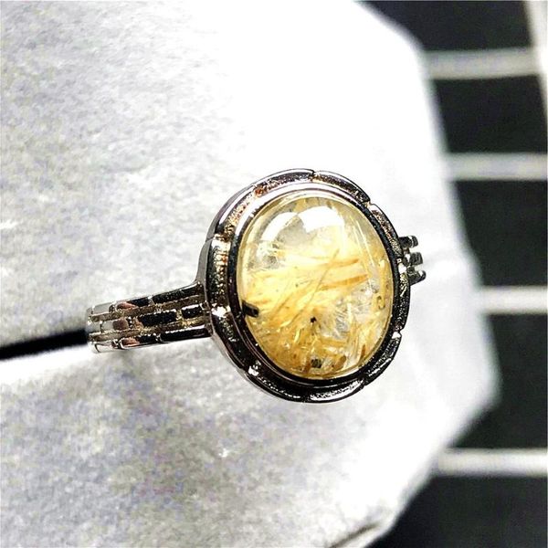 

cluster rings 10x9mm natural gold rutilated quartz ring jewelry for woman man crystal oval beads silver gemstone adjustable, Golden;silver
