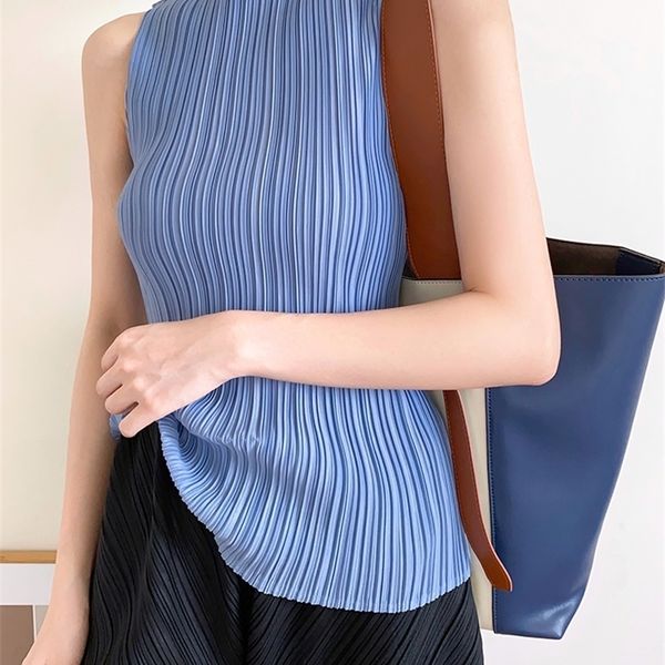 

classic miyake pleated female basic models wild i-shaped turtle neck women sleeveless temperament t-shirt vest aesthetic clothes 210315, White