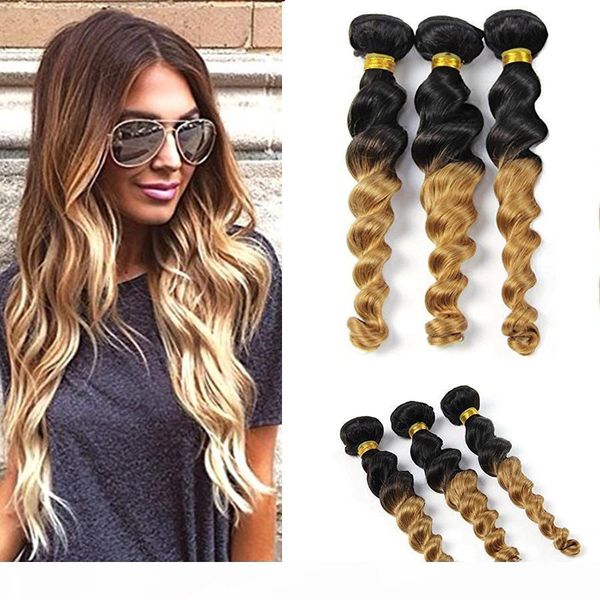 

ombre hair extension real human hair loose wave 3 bundle black to blonde 2 tone color grade 7a virgin brazilian loose wave weft, Black;brown