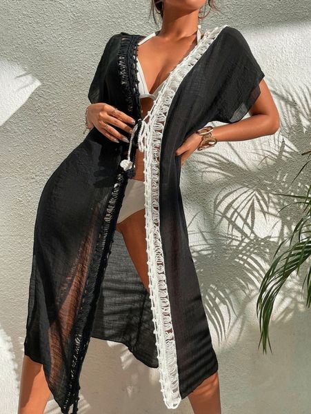 

open stitch tie front kimono y9no#, White;black