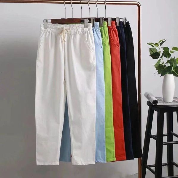 

2021 new women's spring autumn fashion loose ankle-length plus size cotton linen harem trousers female capris casual plants k030op8, Black;white