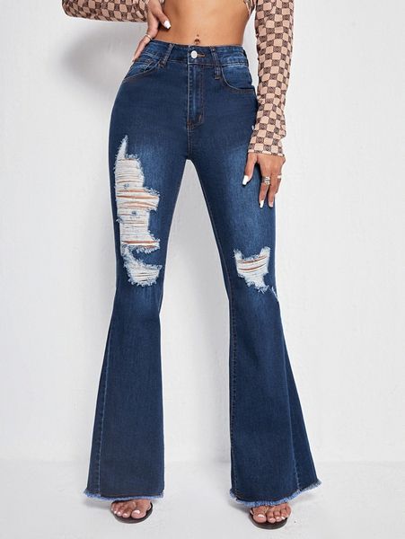 

raw hem ripped flared leg jeans v5i1#, Blue