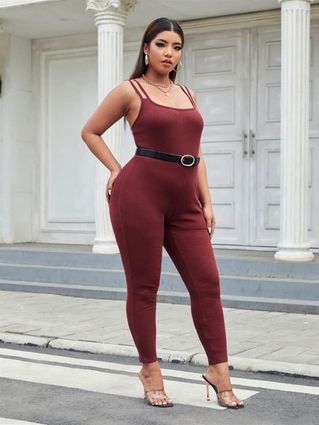 

plus ribbed knit cami unitard jumpsuit without belt 98fh#, Black