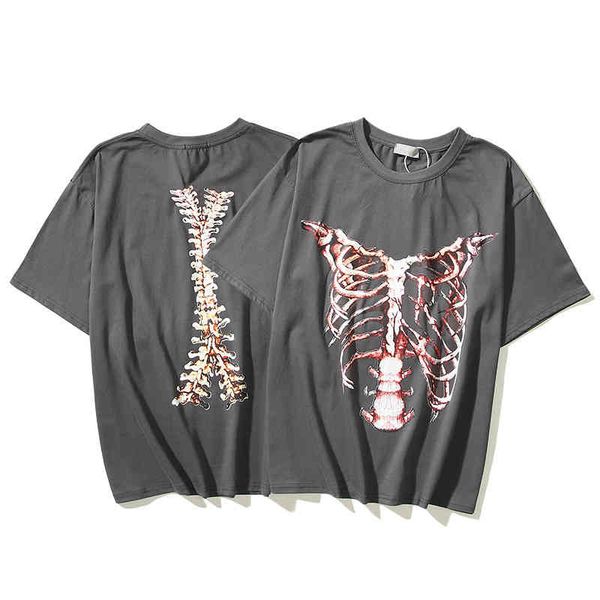 

rep vintage skeleton damaged vintage trendy high street men's casual round neck short sleeve t-shirt, White;black