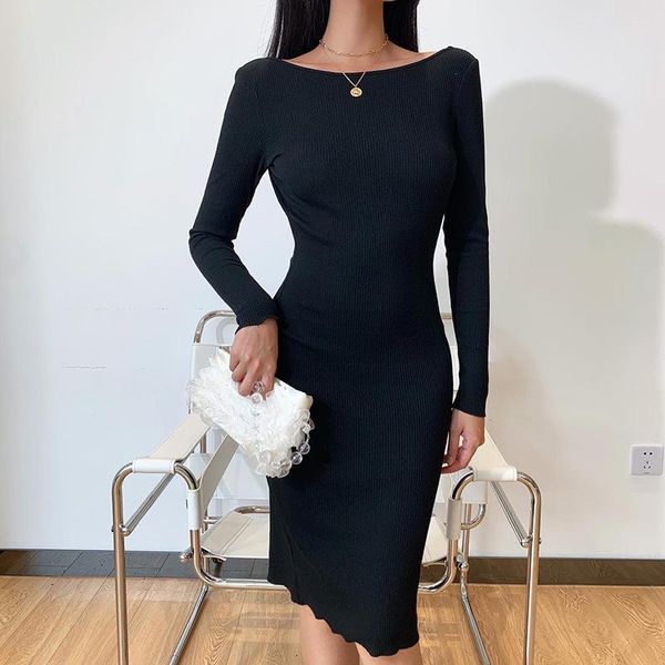 

casual dresses donsignet fashion women's dress summer round neck pullover solid color slim chain halter long sleeve, Black;gray