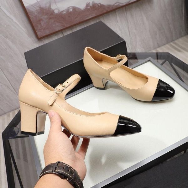 

2021new sapato feminino genuine leather shallow pumps patchwork pumps buckle strap pointed toes chunky 6cm heels women's sandals, Black