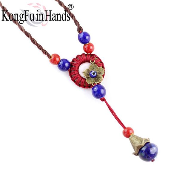 

pendant necklaces kongfu in hands statement vintage flower long necklace winter sweater chain for women china ceramic jewelry, Silver