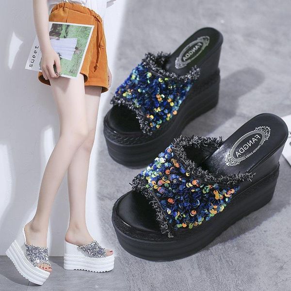 

sandals 2021 summer women's shoes high heel platform wedge rhinestone, Black