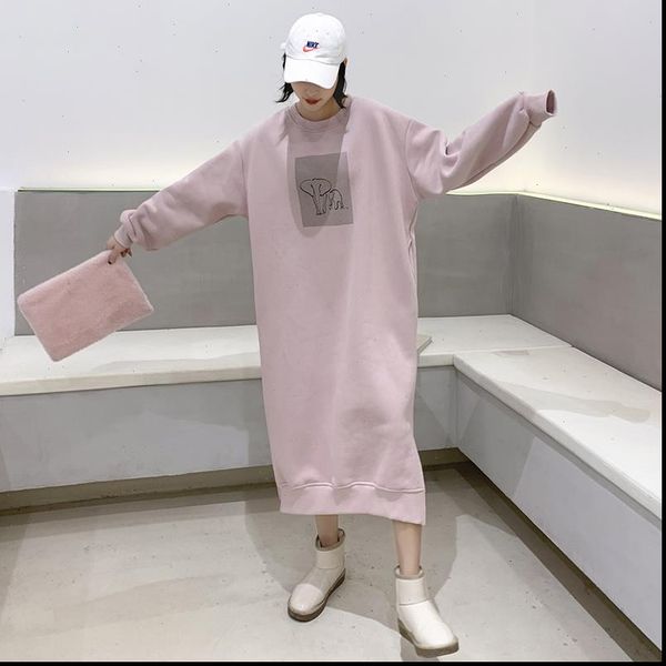 

korean sweatshirt dress women casual slit long straight dresses loose o neck long sleeve print pink clothing lady autumn winter, Black