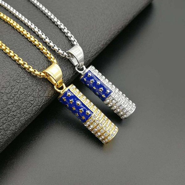 

pendant necklaces hip hop bling iced out gold silver color stainless steel american flag column barber pendnats necklace for men rapper jewe