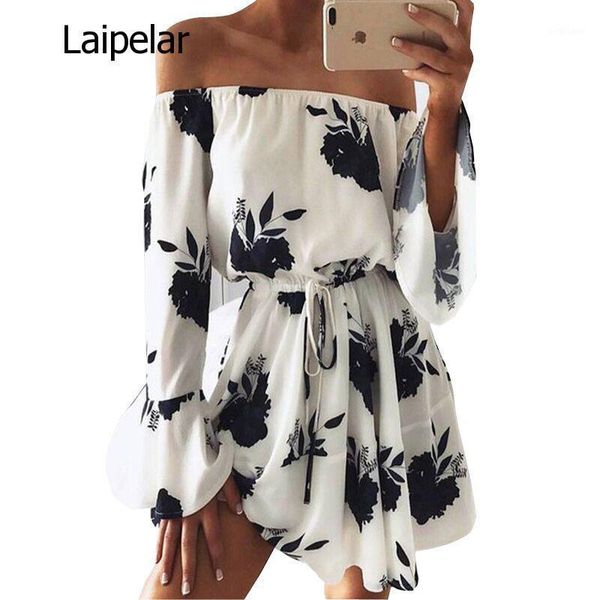 

casual dresses women summer 2021 beach floral boho dress loose printing off the shoulder, Black;gray