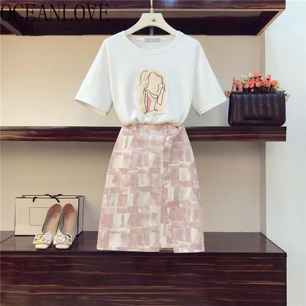 

two piece dress oceanlove spring summer 2021 set print t shirt + high waist mini skirts elegant korean sweet 2 women 16218, White