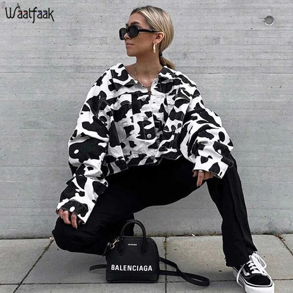 

waatfaak animal print jacket women white black coat short long sleeve button pockets crop jacket ladies fall turn-down collar v191209, Black;brown
