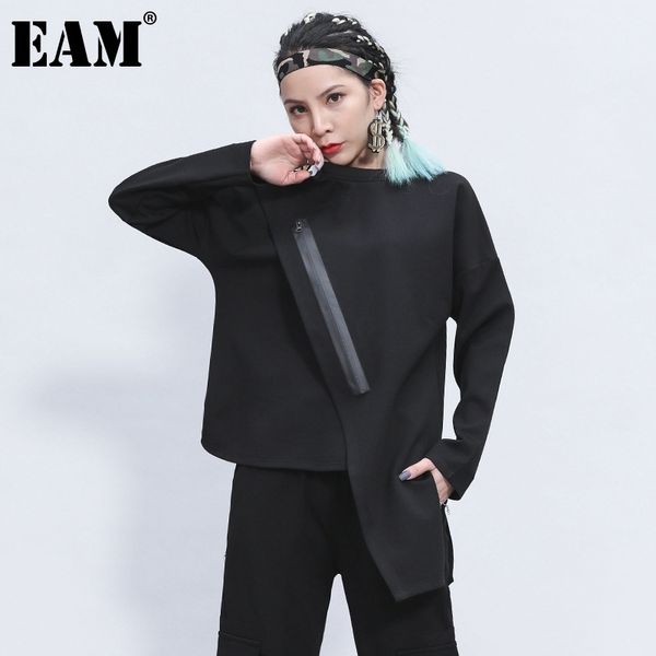 

[eam] women black zipper irregular stitch big size t-shirt new round neck long sleeve fashion tide spring autumn 2021 1z348 210315, White