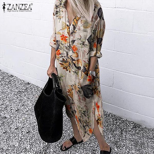 

zanzea retro printed shirt sundressautumn women dress casual long sleeve midi vestidos female button robe plus size 5xl, Black;gray
