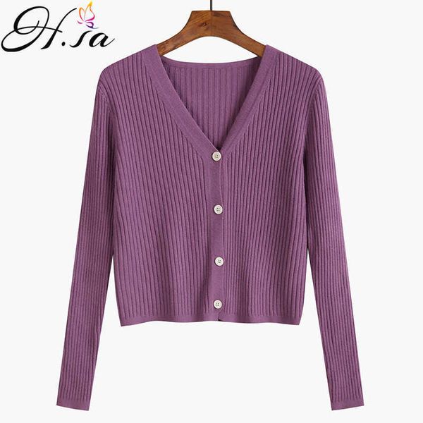 

h.sa vetement femme v neck striped solid purple slim knitwear sweater cardigans autumn winter knitted cardigan women jacket 210716, White;black