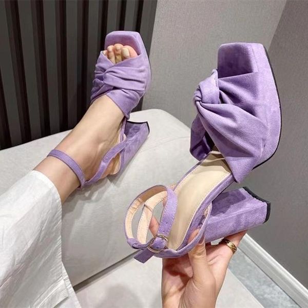 

sandals 2021 latest muti color fancy girl's shoes square toe pleated knot band summer high chunky heel women dress, Black