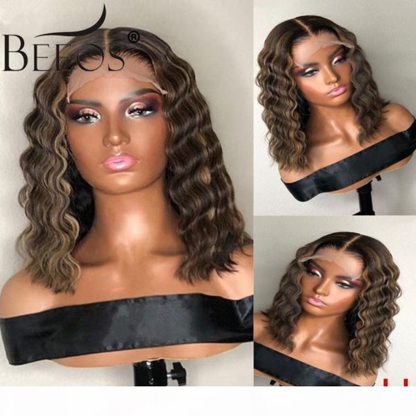 

beeos 180% 4*4 closure lace wigs highlight color short deep wave bob brazilian remy human hair wigs with baby hair pre plucked, Black;brown