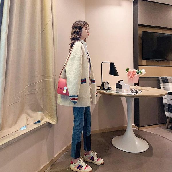 

women's knits & tees 2021 spring and autumn mid-length v-neck loose-fitting sweater coat female korean version of the wild lazy knit ca, White