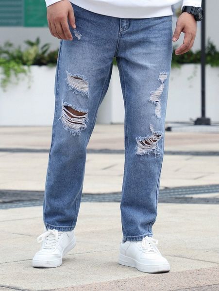 

men bleach wash ripped frayed jeans m25g#, Blue