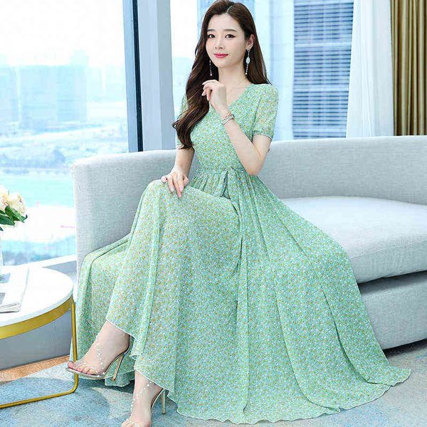 

casual dresses v-neck chiffon dresses short sleeve waist lace up thin women's summer 2022 style beach skirt, Black;gray