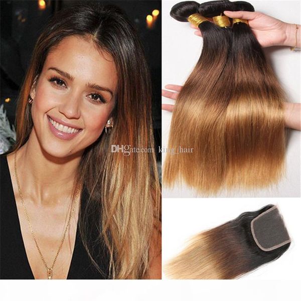 

grade 9a peruvian straight ombre hair extensions with lace closure honey blonde dark roots #1b 4 27 ombre human hair weave with closure, Black