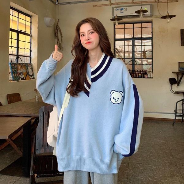 

women's sweaters sweater v-neck patchwork cartoon bear print oversize autumn winter loose pullover jumper long sleeve top, White;black
