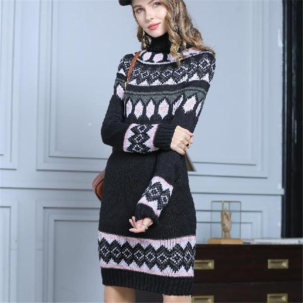 Rollkragen Schwarz/Rot Plaid Gedruckt Frauen Kleider Lange Ärmel Lose Lässige Jumper Vestido Gestrickte Kurze Midi A-linie Kleid Herbst